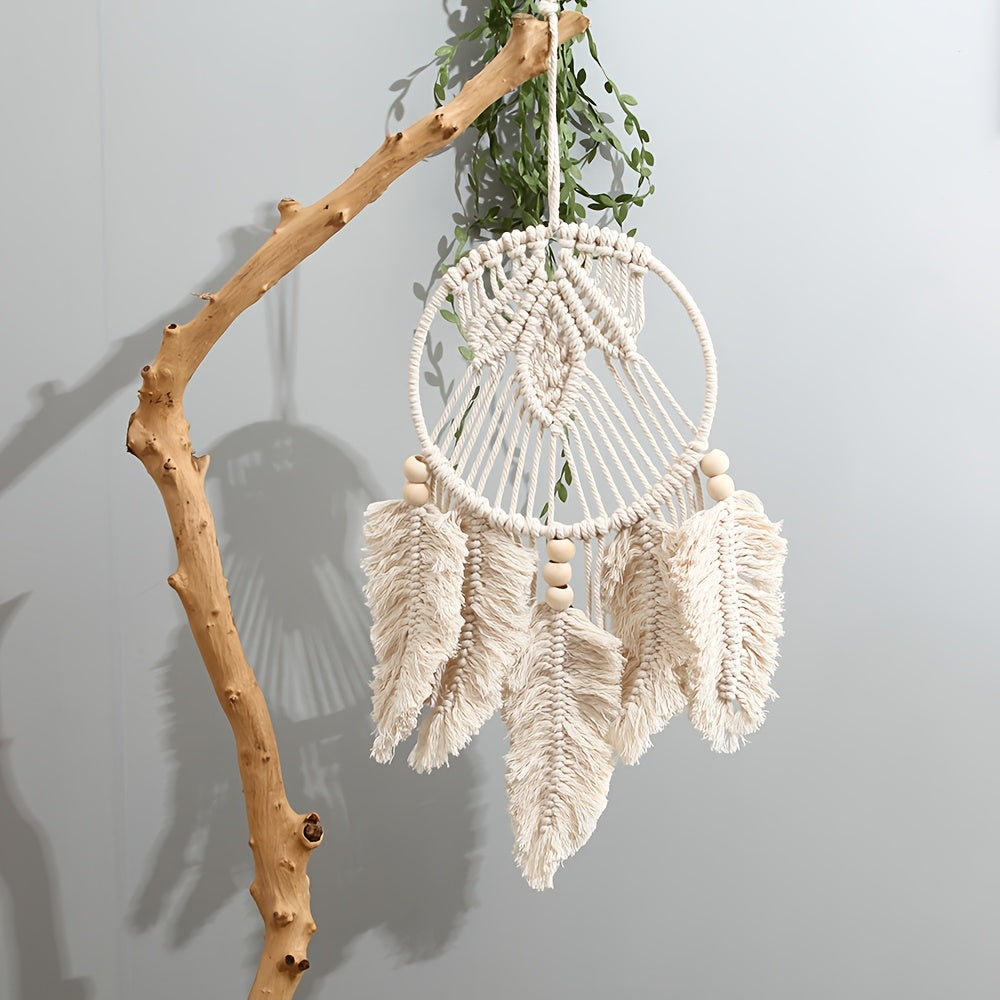 Bohemian Style Rope Wall Hanging Nordic Style Handwoven Hanging Decoration Cotton Rope+Wooden Bead Decorative Hanging Suitable for Bedroom Living Room Hallway Wall