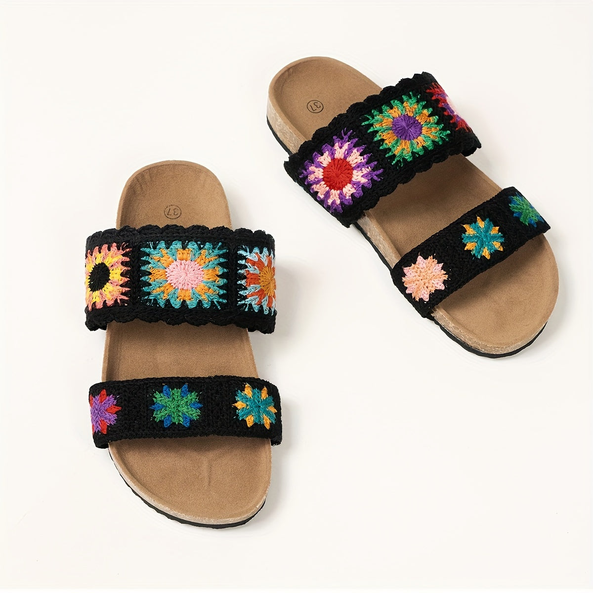 Women's Black Apricot Knitted Cute Floral Double-V Straps Round Toe Open-Toe Slip-On Fashionable Versatile Flat Slippers with Non-Slip Wear-Resistant Large Size Home Shoes Suitable for Vacation Travel Bohemian Style Sandals