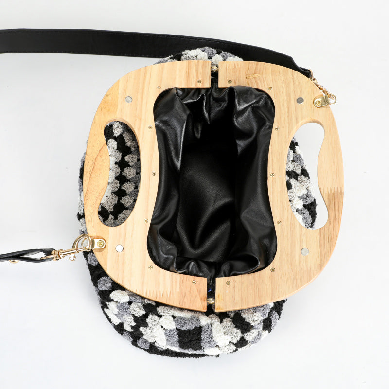 Vintage Handmade Black and White Crocheted Wooden Handle Crossbody Bag Leather Long Shoulder Strap+Metal Fasteners Mori Artistic Woven Bag
