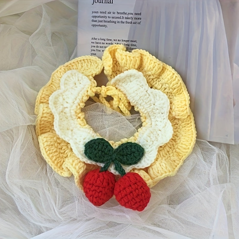 Handmade Cute Crochet Cat and Dog Scarf,Comes with a pink bow tie、Rabbit ears and cherry embellishments – Lightweight、Fashion、Suitable for All Seasons – Suitable for small to large pets