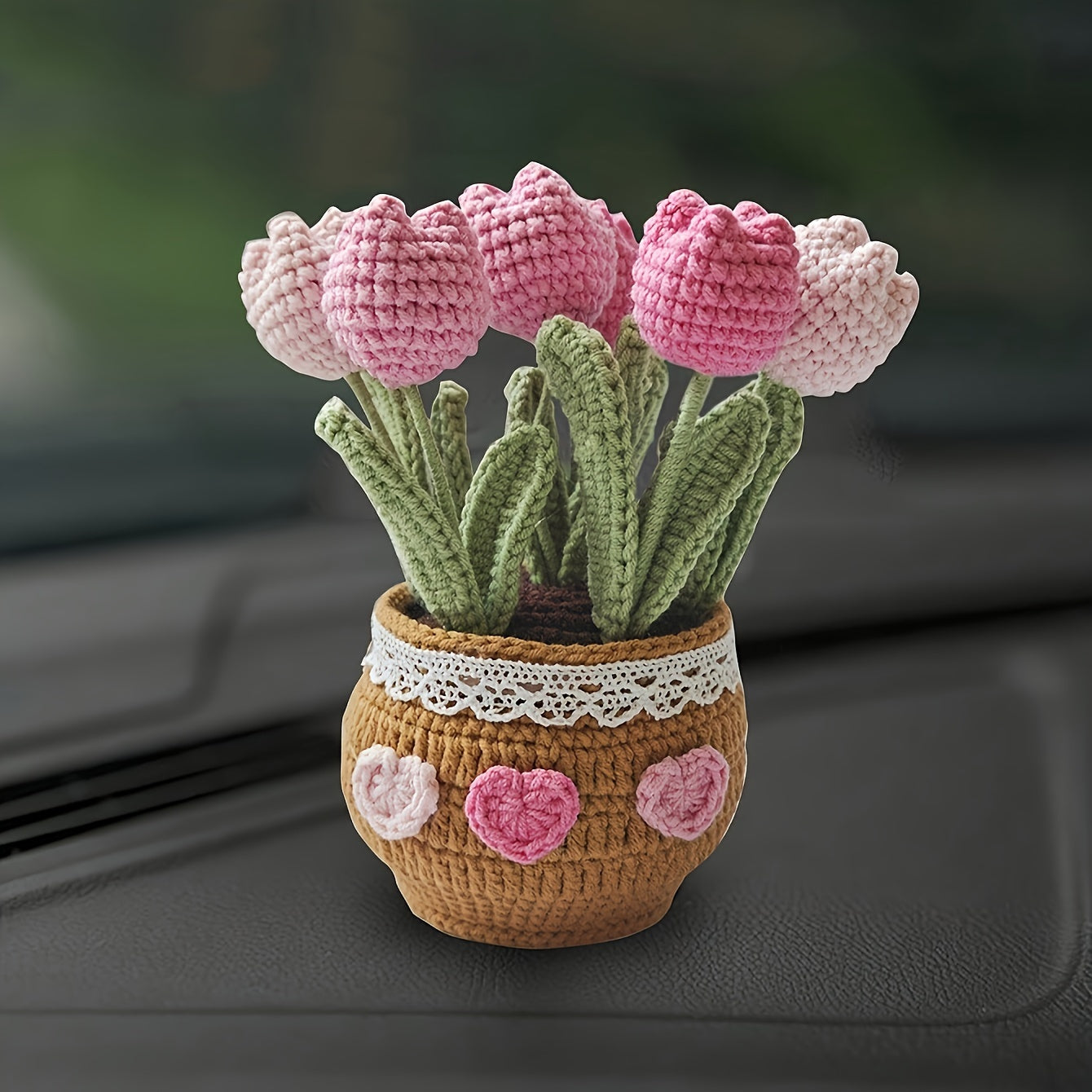 1Handmade Crochet Tulip Flower Pot Decoration for Car Dashboard,Eternal Fabric Floral Imitation Gemstone,Car Decoration,Home Gardening Lucky Twisting Line Potted Plants - Car Dashboard Hanging Decoration