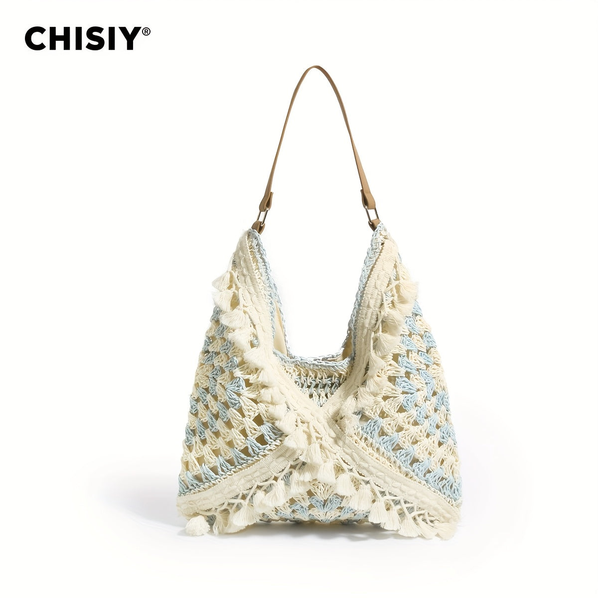 CHISIY Handmade Crochet Beach Tote Bag - Light Blue and White Woven Straw Shoulder Bag,Zipper Closure,Casual summer style suitable for women,Beach bag,Vacation Accessories,Woven Texture