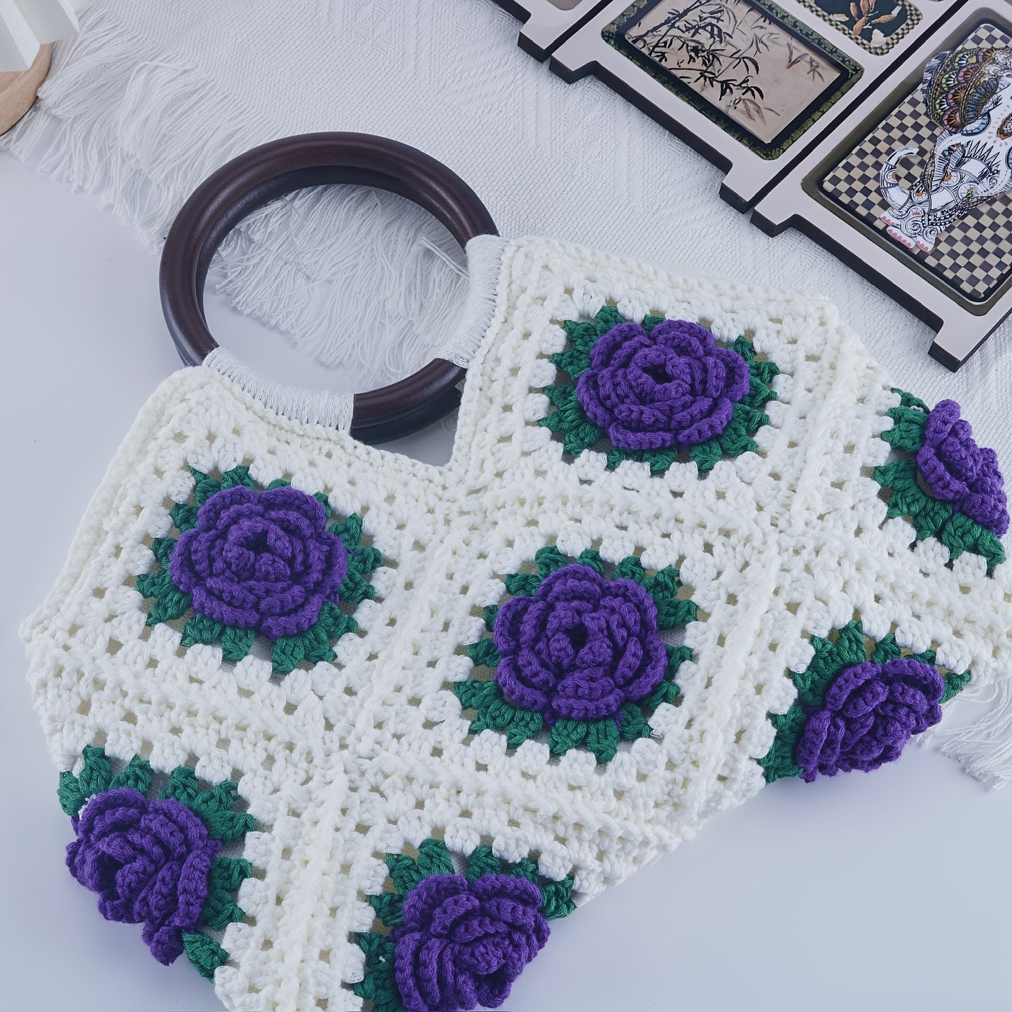 Finished Handmade Crochet Bag High-end Vintage Bag Tote Bag Evening Bag 3D Floral Bag