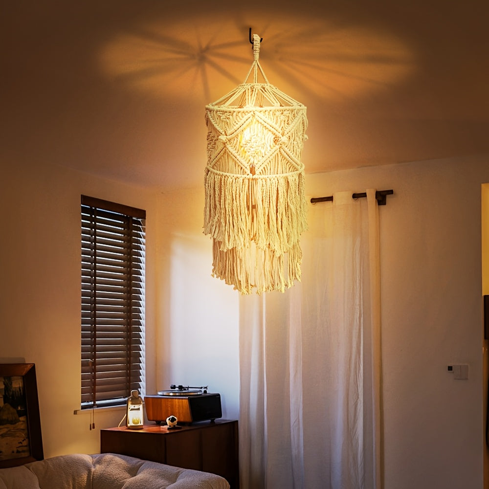 Bohemia style grids Handwoven Tassel Lampshade - Large Decorative Hanging Lampshade,No Battery Required(Lamp not included),Handmade,Chandelier