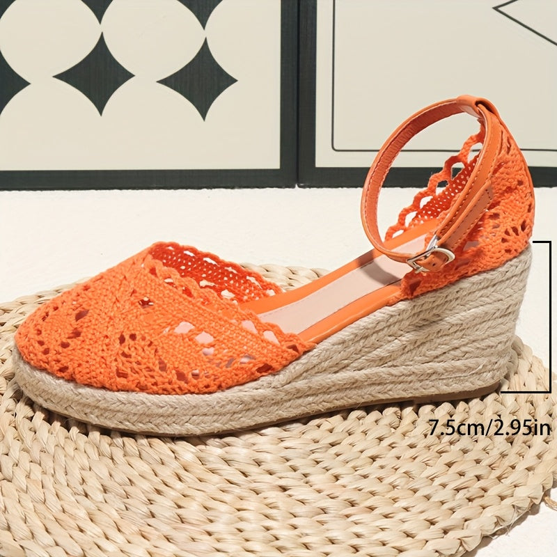 Elegant Women'S Fashionable Flat Sandals - Orange Crochet Design, Thick Sole, Ankle Strap with Buckle, Round Toe, Comfortable High-Heel Sandals for Summer, Casual Footwear | Crochet Sandals | Platform Sandals