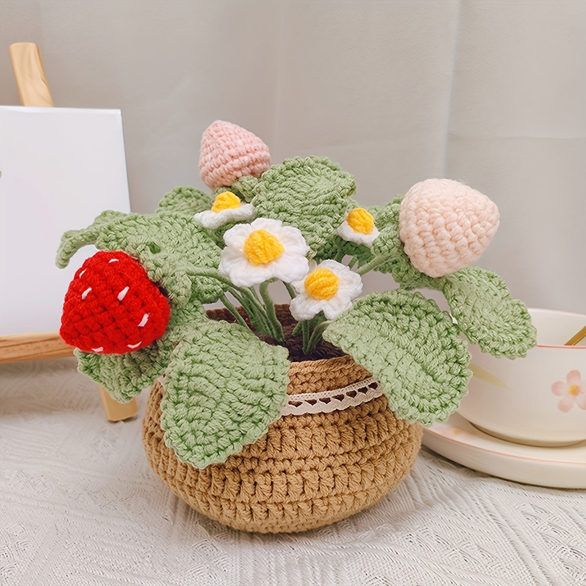 1Handwoven Strawberry and White Flower Pot Plant - Eternal Fabric Flowers,Lucky Strawberry for Car and Home Decoration
