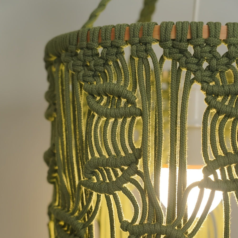 1Bohemian Style Handwoven Green Leaf Tassel Lampshade - Art Fabric Hanging Lamp Shade for Home Decoration(Does not include lights),Exquisite Woven Patterns