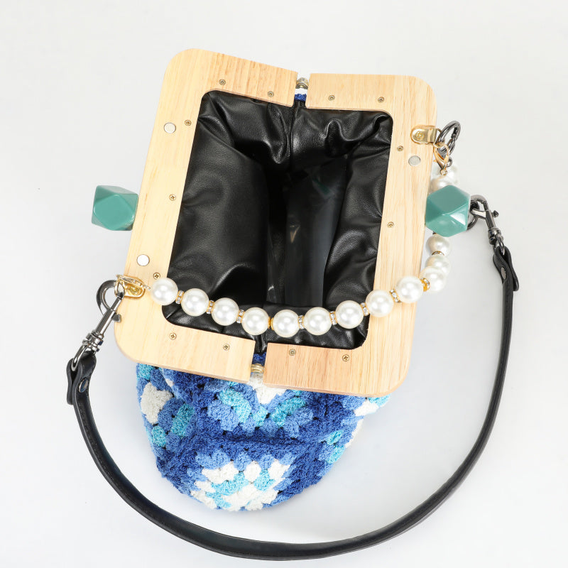 Vintage Handmade Blue Handicraft Crochet Hand Bag Flower Wooden Coin Purse Leather Shoulder Strap Bohemian Woven Handbag