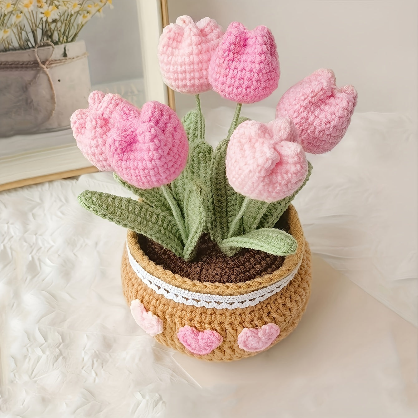 1Handmade Crochet Tulip Flower Pot Decoration for Car Dashboard,Eternal Fabric Floral Imitation Gemstone,Car Decoration,Home Gardening Lucky Twisting Line Potted Plants - Car Dashboard Hanging Decoration