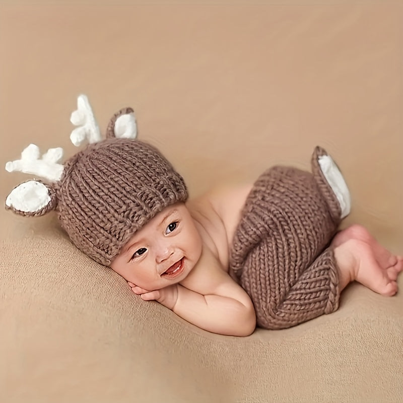 Christmas Reindeer Brown Two-Piece Set Handmade Baby Velvet Knitted Photography Props