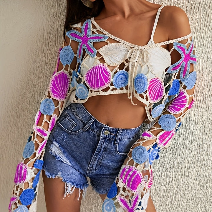 Women'S Bohemian Crochet Crop Top with Starfish & Seashell Design - V-Neck, Non-Stretch Fabric, Hollow Detail, Fashionable Beachwear with Drawstring Detail, Beach Coverup | Crochet Crop Top | Non-Stretch Fabric