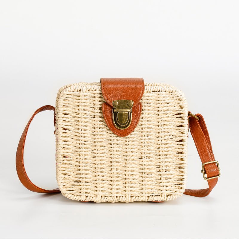 Vintage Mori Style Beige Woven Square Handbag Brown Leather Flip Metal Buckle Lock Commute Leisure Dual-Use Tote Bag