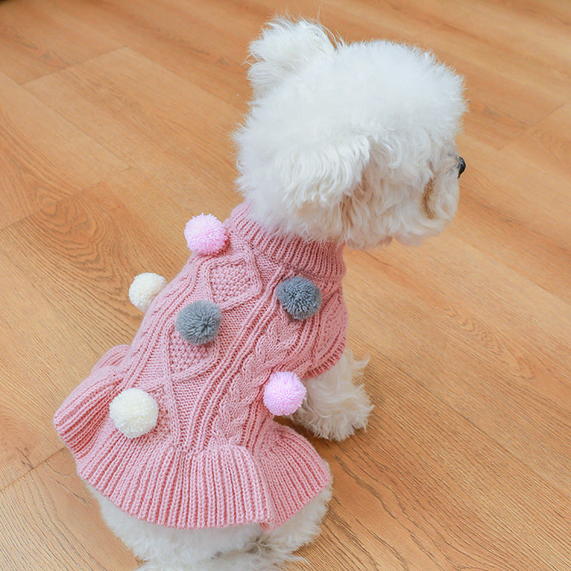 Puppy Pet Clothes Autumn Winter Knitted Warm Sweater Teddy Bichon Small Dog Pullover Yarn Dress-Pleated Wool Dress