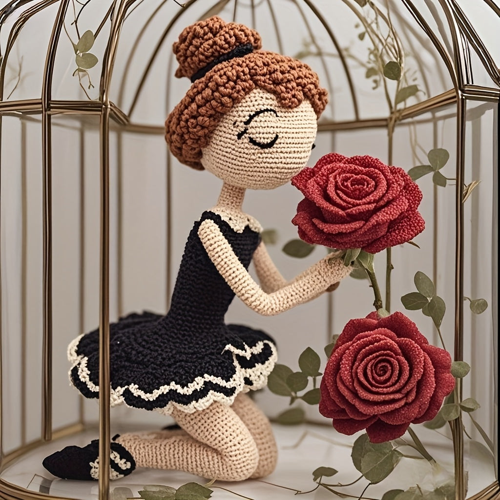 Beautiful Girl Wearing Black Ballet Dance Costume with Black Bow on Head,Adult DIY Crochet Kit with Yarn、Hook and Step-by-Step Video Tutorial,Home Decor and Birthday/Valentine's Day gift of choice