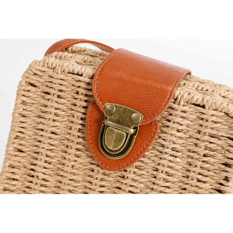 Vintage Mori Style Beige Woven Square Handbag Brown Leather Flip Metal Buckle Lock Commute Leisure Dual-Use Tote Bag