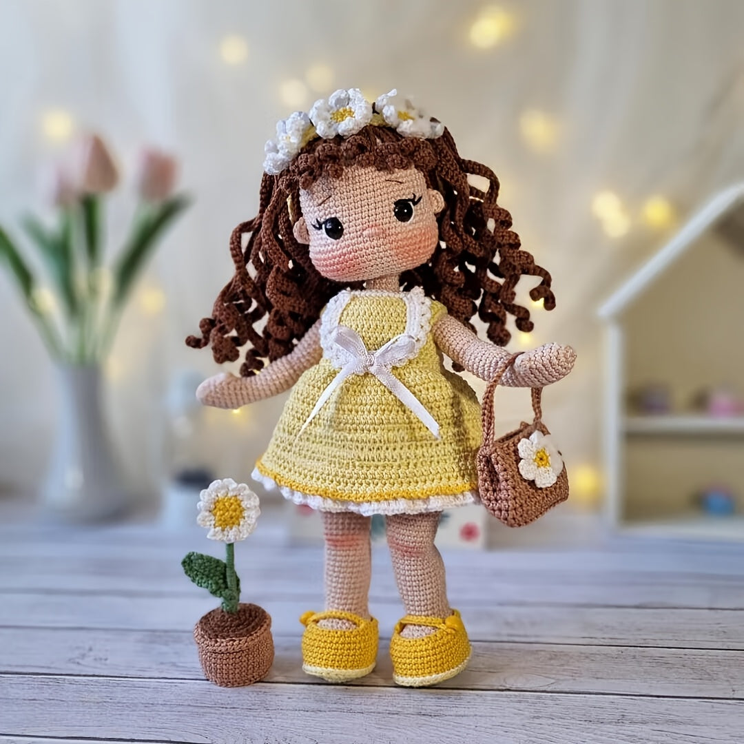 1pc/set, Amigurumi adult crochet DIY, hand-knitted yellow dress little flower princess, suitable for beginners, including everything needed for crochet, paper English basic knitting tutorial manual, exquisite gift packaging bag, healing character figure o