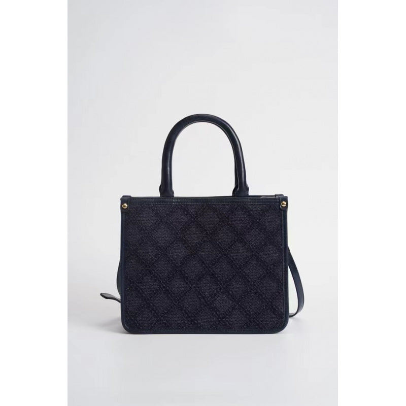 Deep Blue Diamond Pattern Tote Bag2025New ins Luxury Style Commuter Large Capacity Handbag with Leather Handle and Rivet Decoration