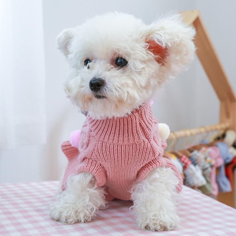 Puppy Pet Clothes Autumn Winter Knitted Warm Sweater Teddy Bichon Small Dog Pullover Yarn Dress-Pleated Wool Dress
