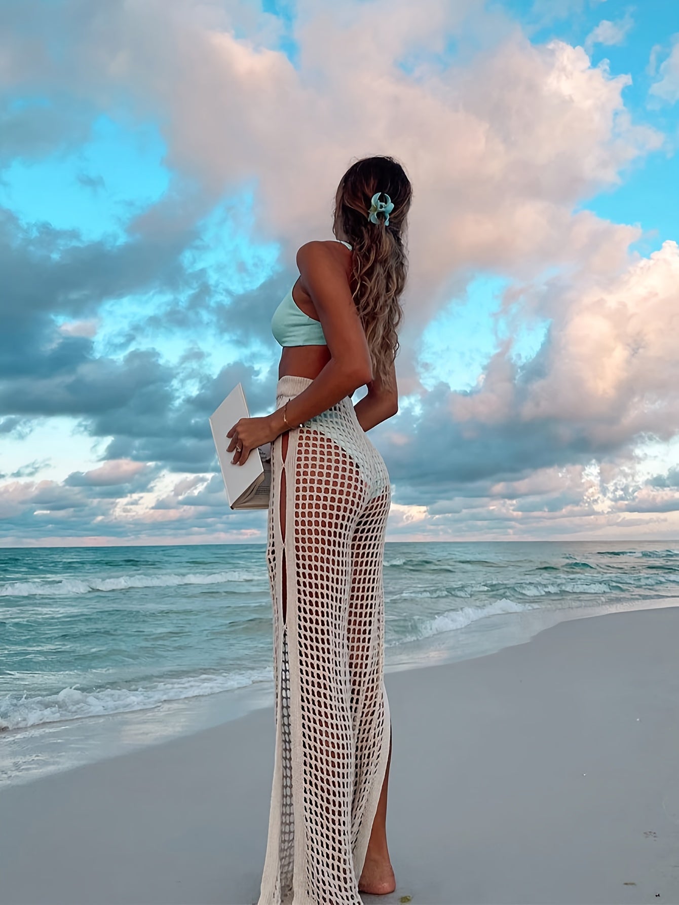 Women'S Beach Vacation Cover-Up Pants with Hollow Cut, Drawstring, Stretchy Bohemian High-Waisted Crochet Wide-Leg Trousers.