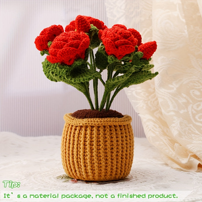 Complete Crochet Kit for Adults - Rose Flower Pot Design,Comes with step-by-step video tutorials,Crochet Knitting Kit for Beginners,Bright red roses and green leaves,Planted in a striped flower pot,Perfect for Home Decoration,DIY DIY Kits|Flower Crochet K