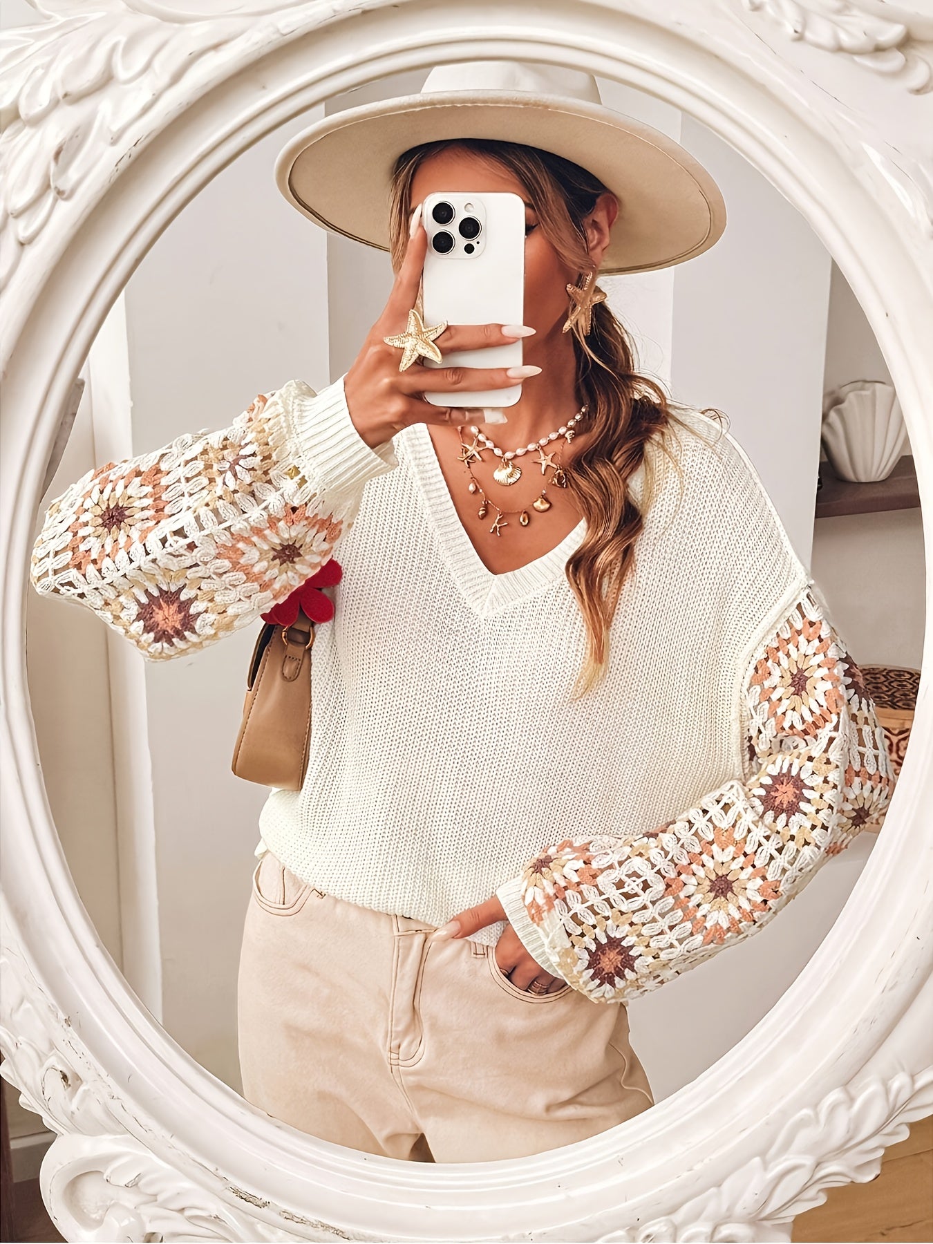 Women's Handmade Crochet V-Neck Sweater - Ethnic Floral Pattern, Openwork Design, All-Season Lightweight Pullover, Elegant Boho Chic Style for Casual & Formal Wear, Versatile Fashion | Intricate Craftsmanship, Crochet Clothes