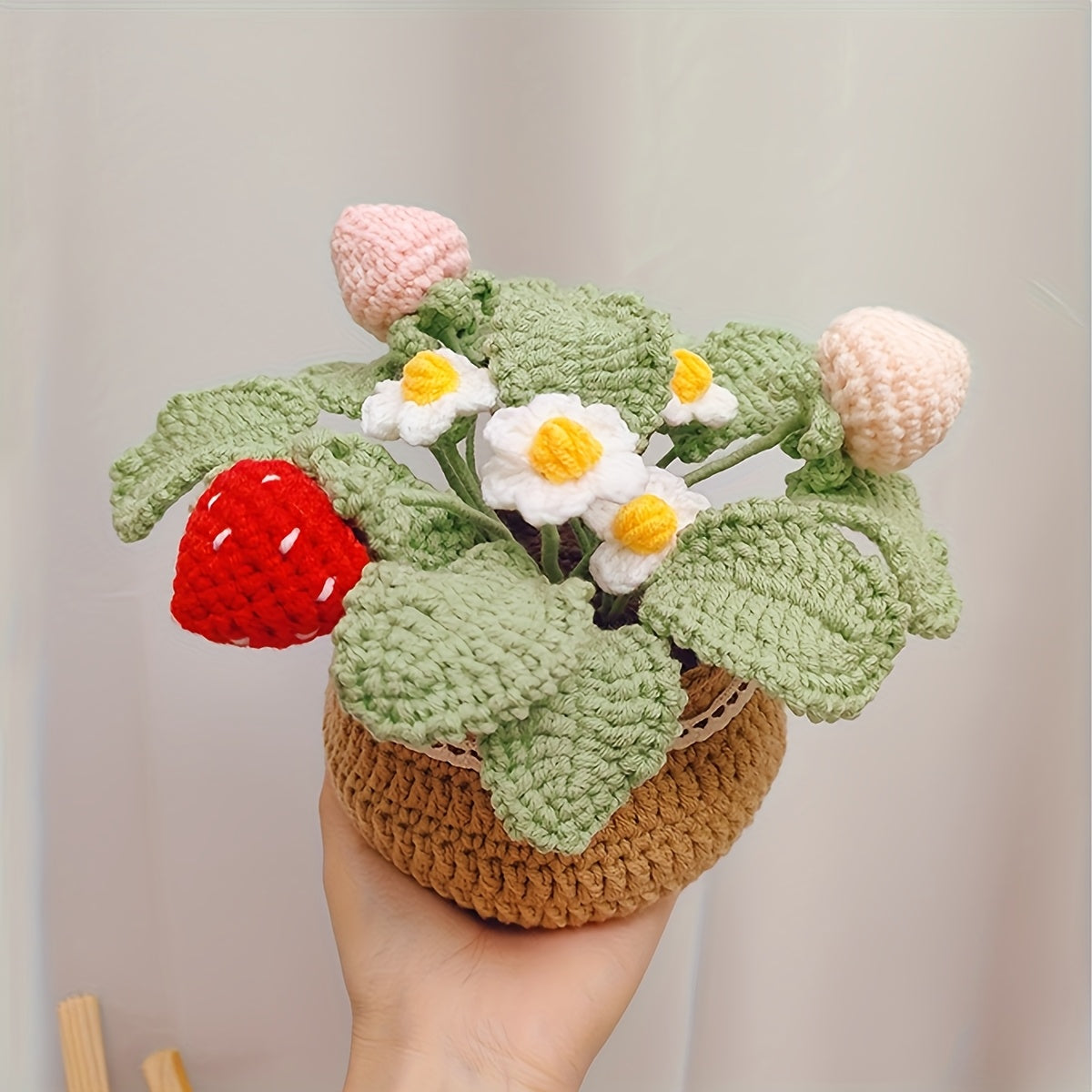 1Handwoven Strawberry and White Flower Pot Plant - Eternal Fabric Flowers,Lucky Strawberry for Car and Home Decoration