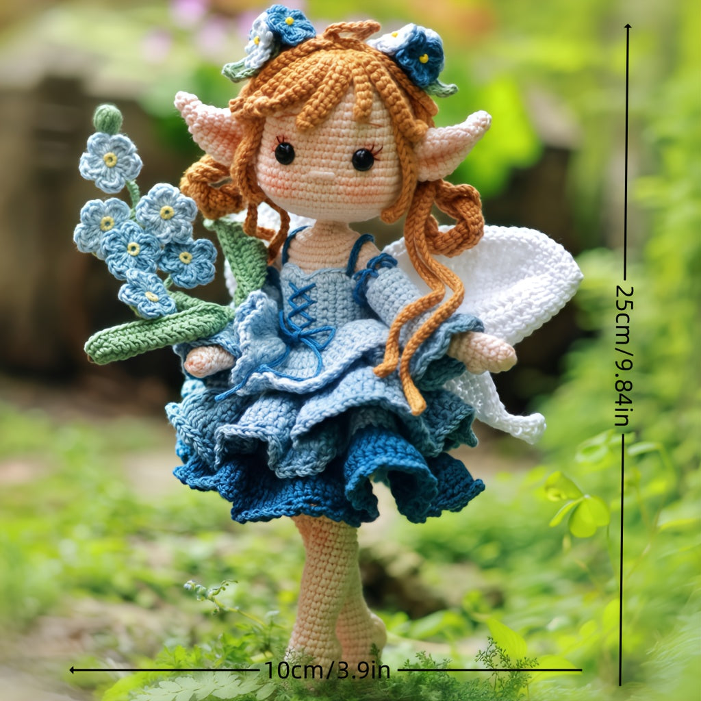 1pc/set, beginner's DIY crochet set, fairy girl holding blue flowers, DIY crochet materials include yarn and hooks, complete DIY handicraft set with crochet teaching steps, perfect for home decoration and gifts, suitable for experienced crochet enthusiast