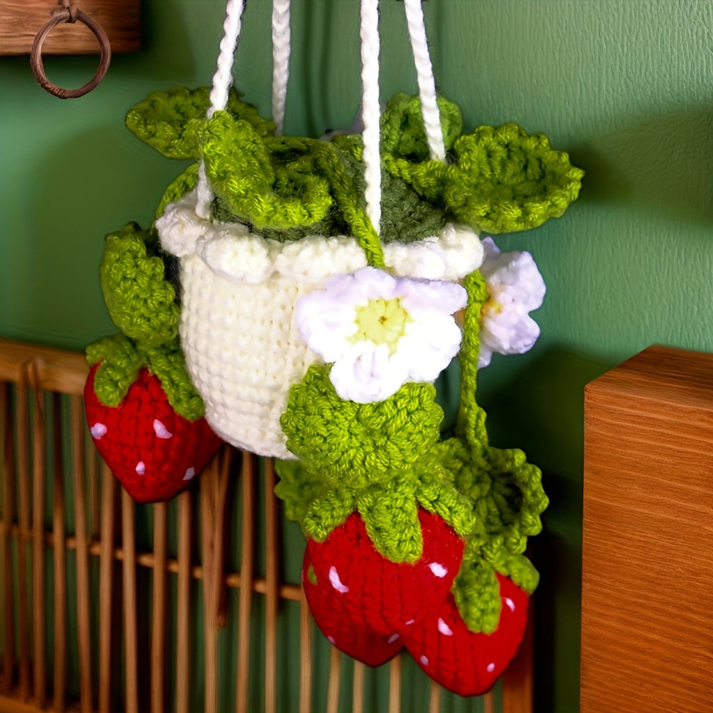 1Artificial Flowers,Handmade Crochet Strawberry Flower Pot Hanging Ornament,Handmade Crochet Strawberry Planting Hanging Ornament,7.8Inch Fabric Decoration,With Greenery,Suitable for living room and bedroom,Home Decoration,Car Decoration
