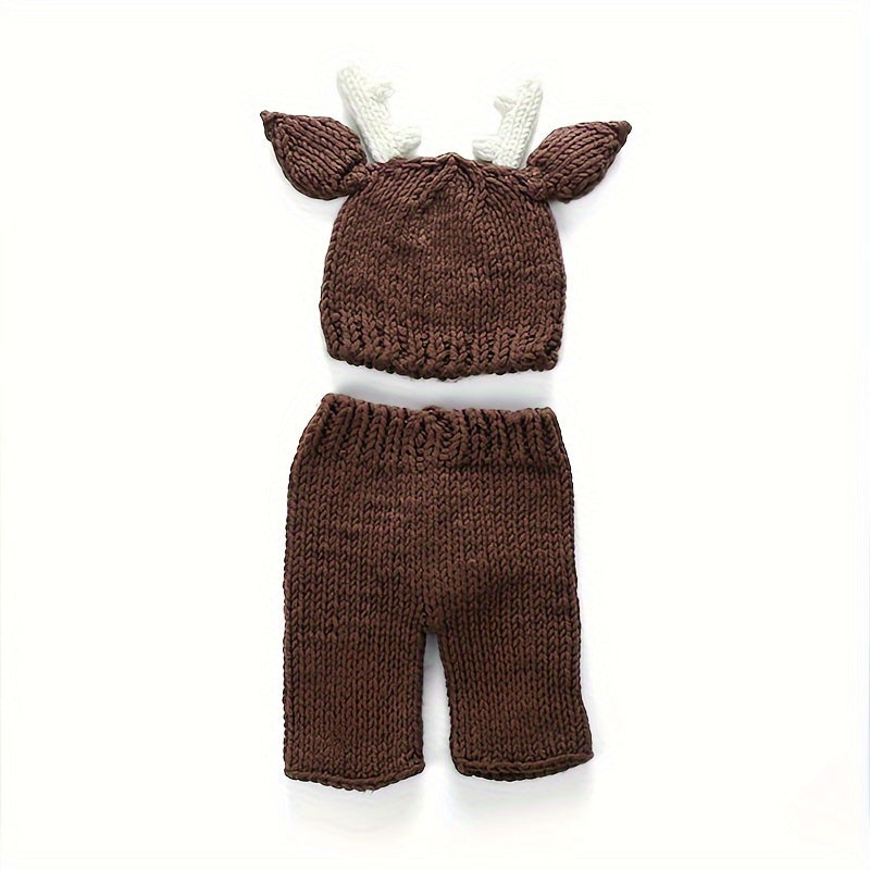 Christmas Reindeer Brown Two-Piece Set Handmade Baby Velvet Knitted Photography Props