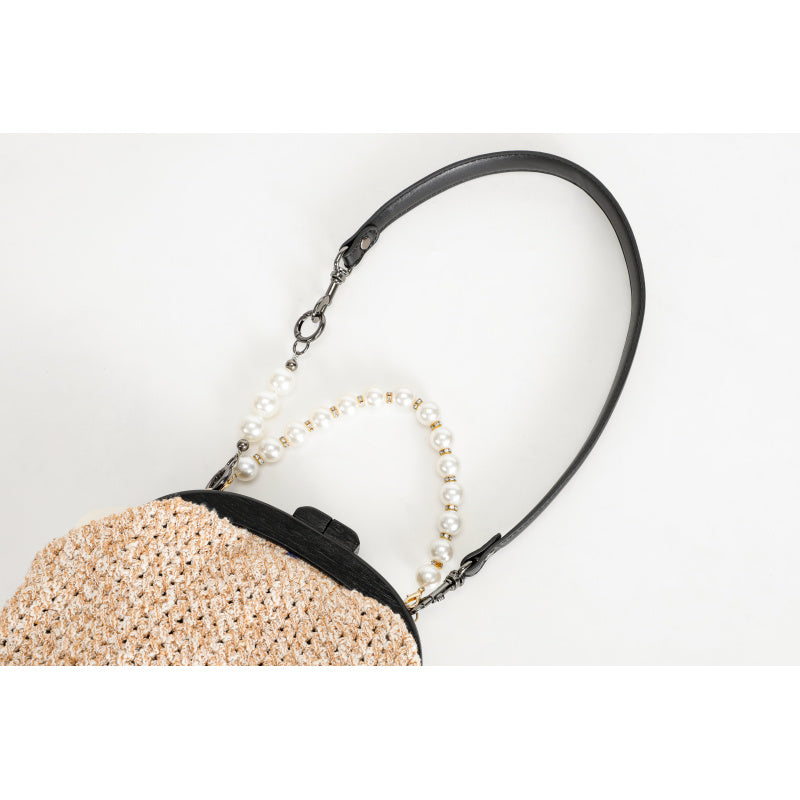 Sweet Pearl Decorative Beige Straw Cross Body Bag Black Leather Shoulder Strap+Pearl chain Entry Lux Elegant Women's Bag