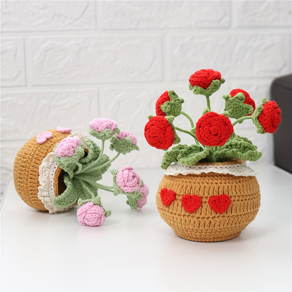 1Crochet Yarn Flower Pot Plant Car Ornament Eternal Flower Yarn Ornament Bonsai Gardening Handmade Crochet Lucky Tulip Yarn Potted Plant Artificial Living Room Decoration Father's Day Mother's Day Graduation Season Halloween Christmas Decoration Artificia