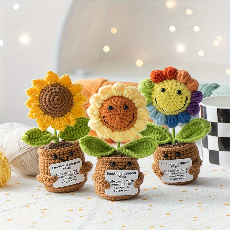 Handmade Crochet Sunflower Potted Plant with Inspirational Quotes - Rainbow Smiley Face Artificial Flower,Home、Office or desktop decoration - Mother's Day、Perfect choice for Valentine's Day or graduation gifts