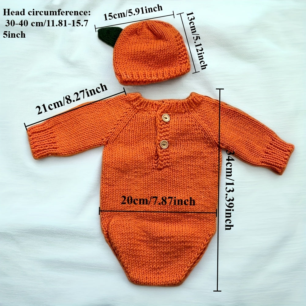 Newborn Photography Outfit Orange Theme Knit Hat and Long Sleeve Romper Studio Photo Shooting Accessories Set Easter Shower Gift for Baby Girl Boy