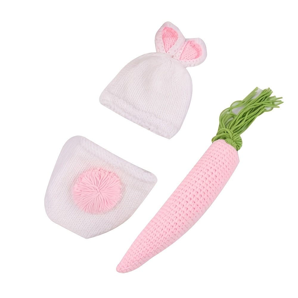 One Set Handmade Cotton Blend Newborn Baby Rabbit Costume,Baby Bunny Photography Props,Crochet Costume with Ears Hat and Carrot Accessories