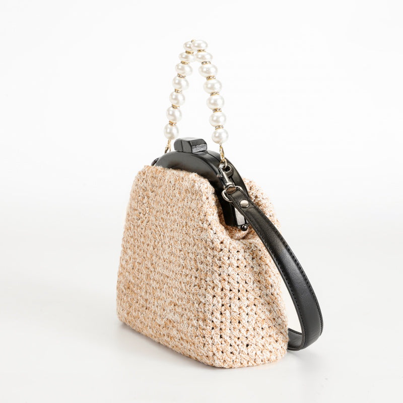 Sweet Pearl Decorative Beige Straw Cross Body Bag Black Leather Shoulder Strap+Pearl chain Entry Lux Elegant Women's Bag