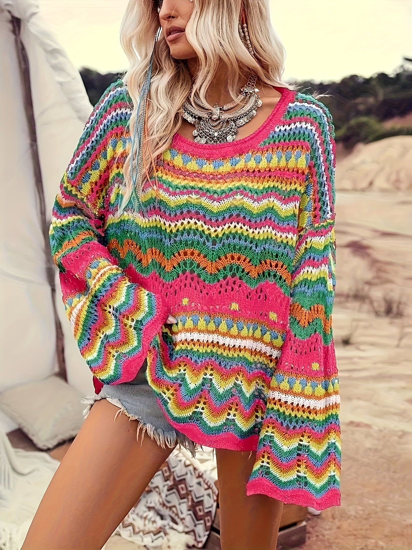 Plus-Size Women's Bohemian Color-Block Sweater - Semi-Sheer Drop Shoulder Crochet Top with Round Neck, Short Length & All-Season Casual Elegance, Crochet Sweater, Relaxed Fit Top, Vacation Style Clothing, Semisheer Fabric