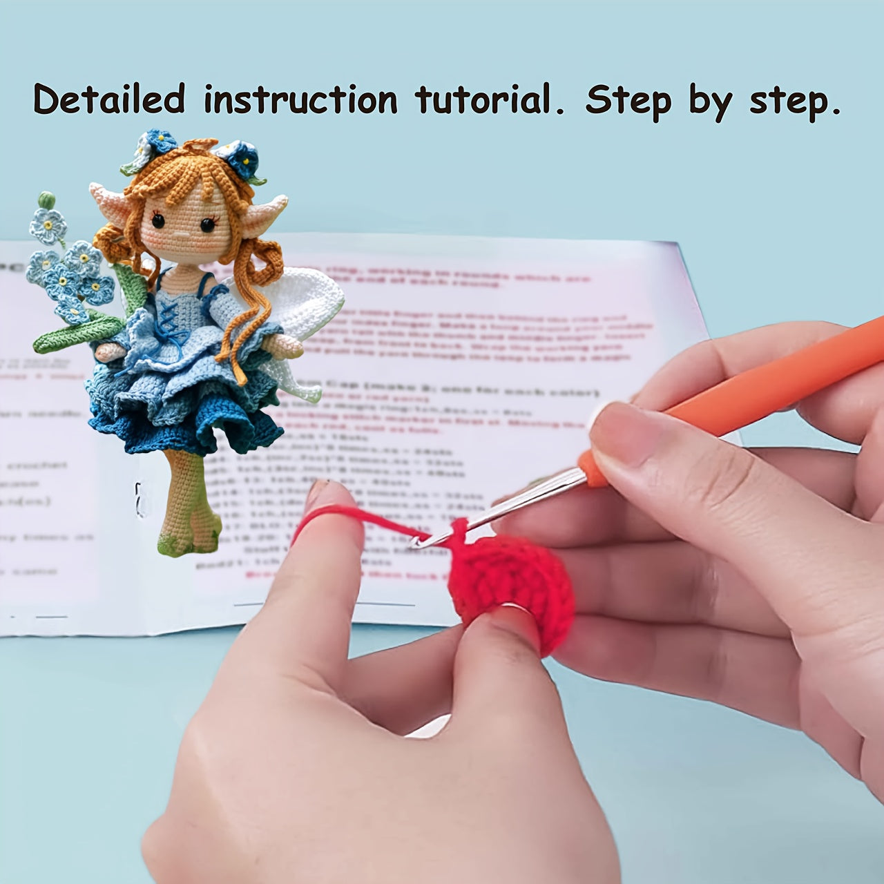 1pc/set, beginner's DIY crochet set, fairy girl holding blue flowers, DIY crochet materials include yarn and hooks, complete DIY handicraft set with crochet teaching steps, perfect for home decoration and gifts, suitable for experienced crochet enthusiast