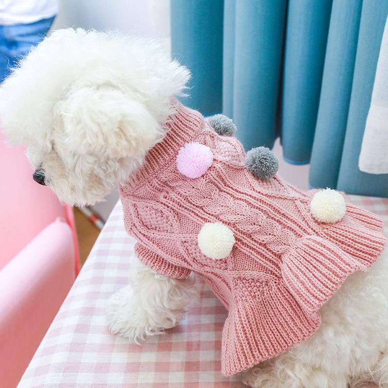 Puppy Pet Clothes Autumn Winter Knitted Warm Sweater Teddy Bichon Small Dog Pullover Yarn Dress-Pleated Wool Dress