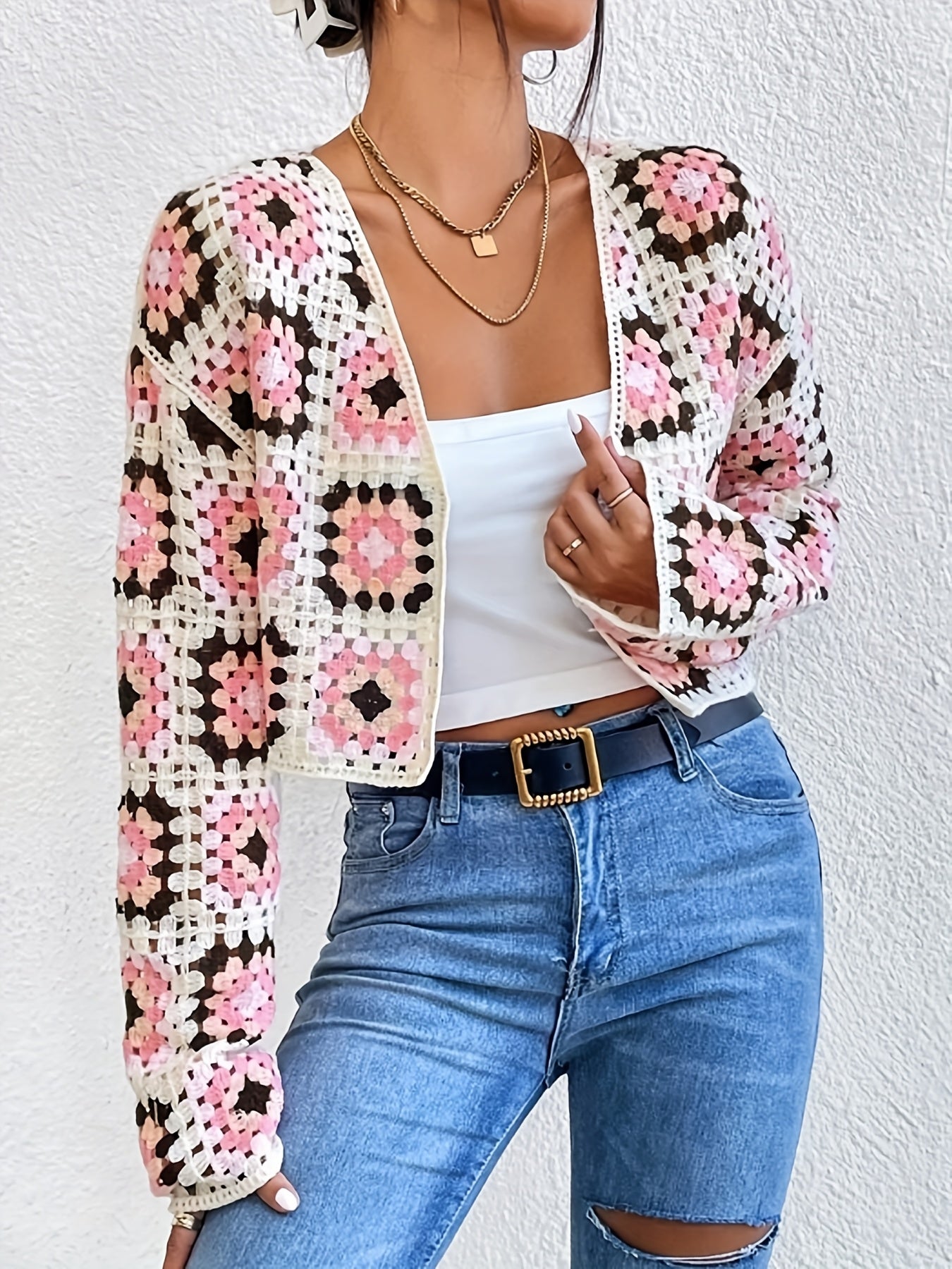 Women's Bohemian Cardigan - Open Front Placket Semi-Sheer Long Sleeve Grid Pattern Crochet Cover-Up, Loose Fit Spring Summer Layering Piece, Hand Wash Only, Lightweight Cardigan, Casual Coverup, Spring Outerwear, Elegant Openfront, Handwashable Fabric, In