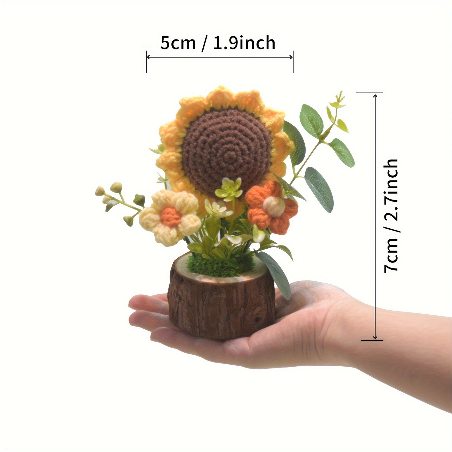 2Handmade Crochet Sunflower Flower,Knitted Mini Cute Potted Plant Home Desktop Decoration,Suitable for office desk、Gift,Sunflower