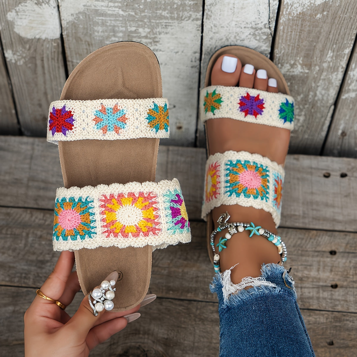Women's Black Apricot Knitted Cute Floral Double-V Straps Round Toe Open-Toe Slip-On Fashionable Versatile Flat Slippers with Non-Slip Wear-Resistant Large Size Home Shoes Suitable for Vacation Travel Bohemian Style Sandals