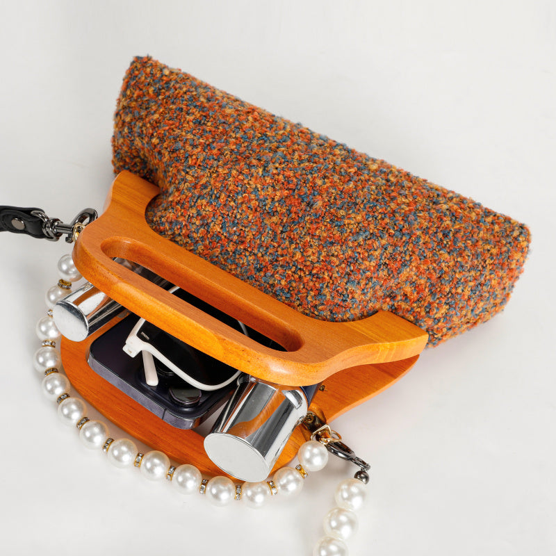 Elegant French Handbag Multicolored Wool Body Wood Handle Detachable Pearl Chain
