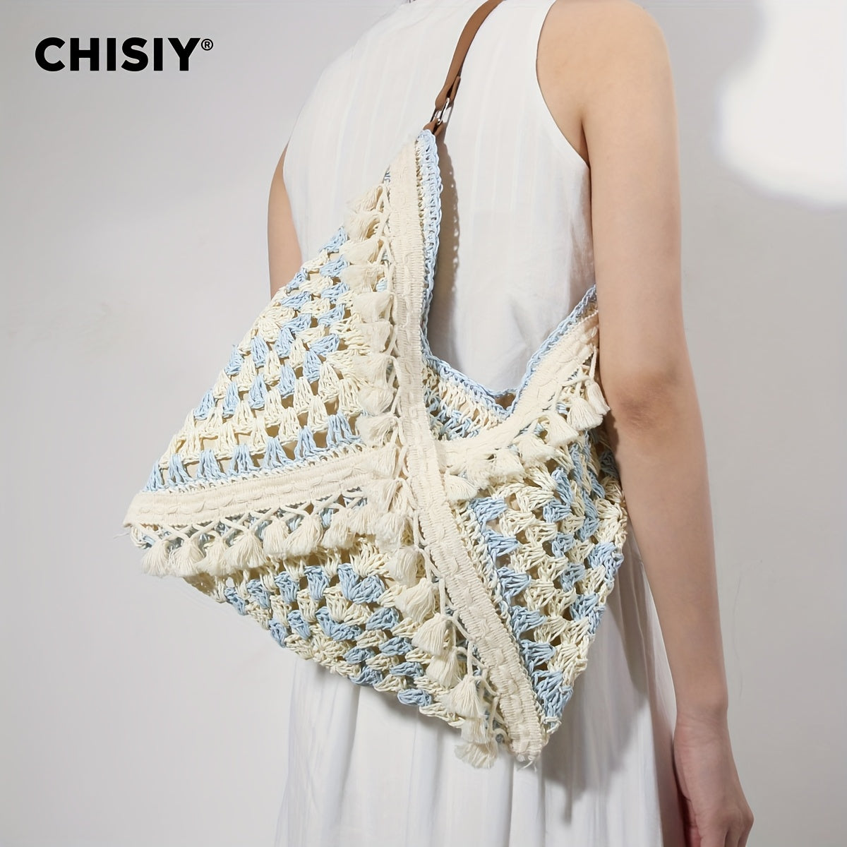 CHISIY Handmade Crochet Beach Tote Bag - Light Blue and White Woven Straw Shoulder Bag,Zipper Closure,Casual summer style suitable for women,Beach bag,Vacation Accessories,Woven Texture