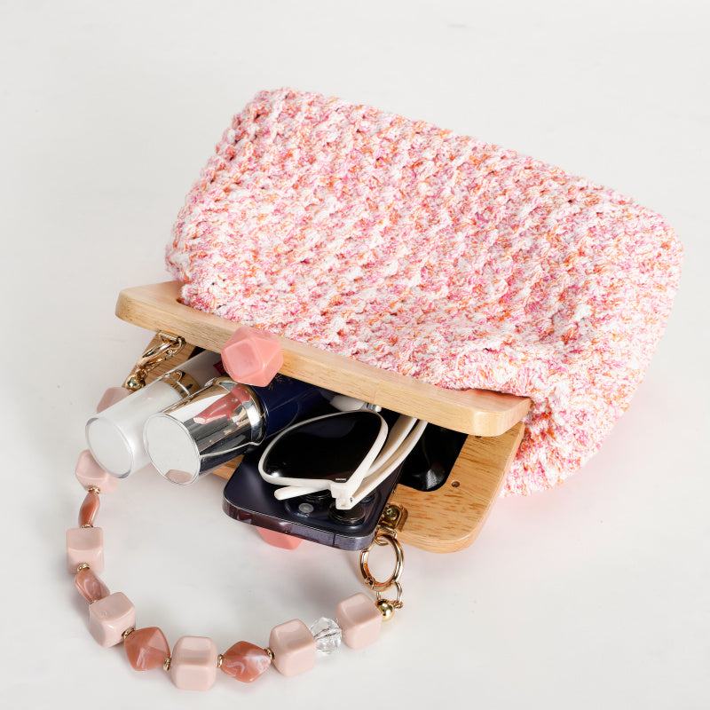 Sweet Retro Pink Hand-Woven Handbag Wooden Handle+Beaded Chain Mori Style Girl's Crossbody Bag