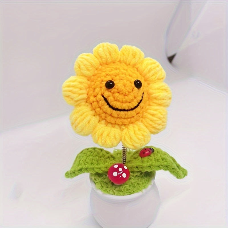 【Interior Decoration】Handmade Crochet Sunflower Potted Plant - Bright yellow and green smiling sunflowers,There is a red ladybug on the mushroom,Ideal Graduation Gift and Charming Car Decoration