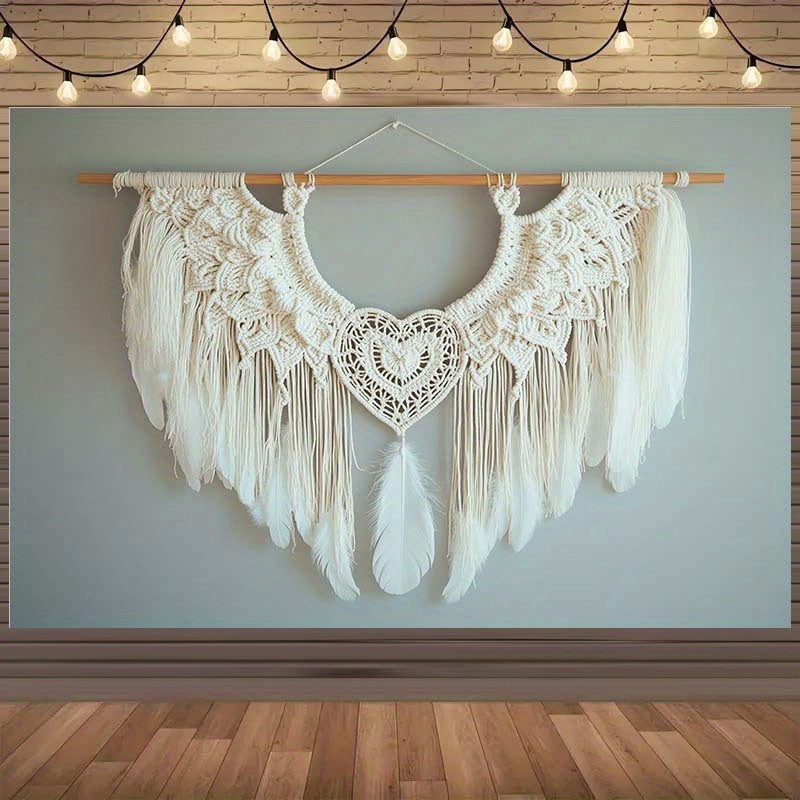 Bohemian Style Crochet Feather Heart Pendant - Polyester Texture Tapestry Wall Decoration,Suitable for Living Room、Bedroom and Party Decoration,No Electricity Needed Rustic Home Decor,Bohemian Style Handwoven,Retro Fashion,Exquisite Details,Feather embell