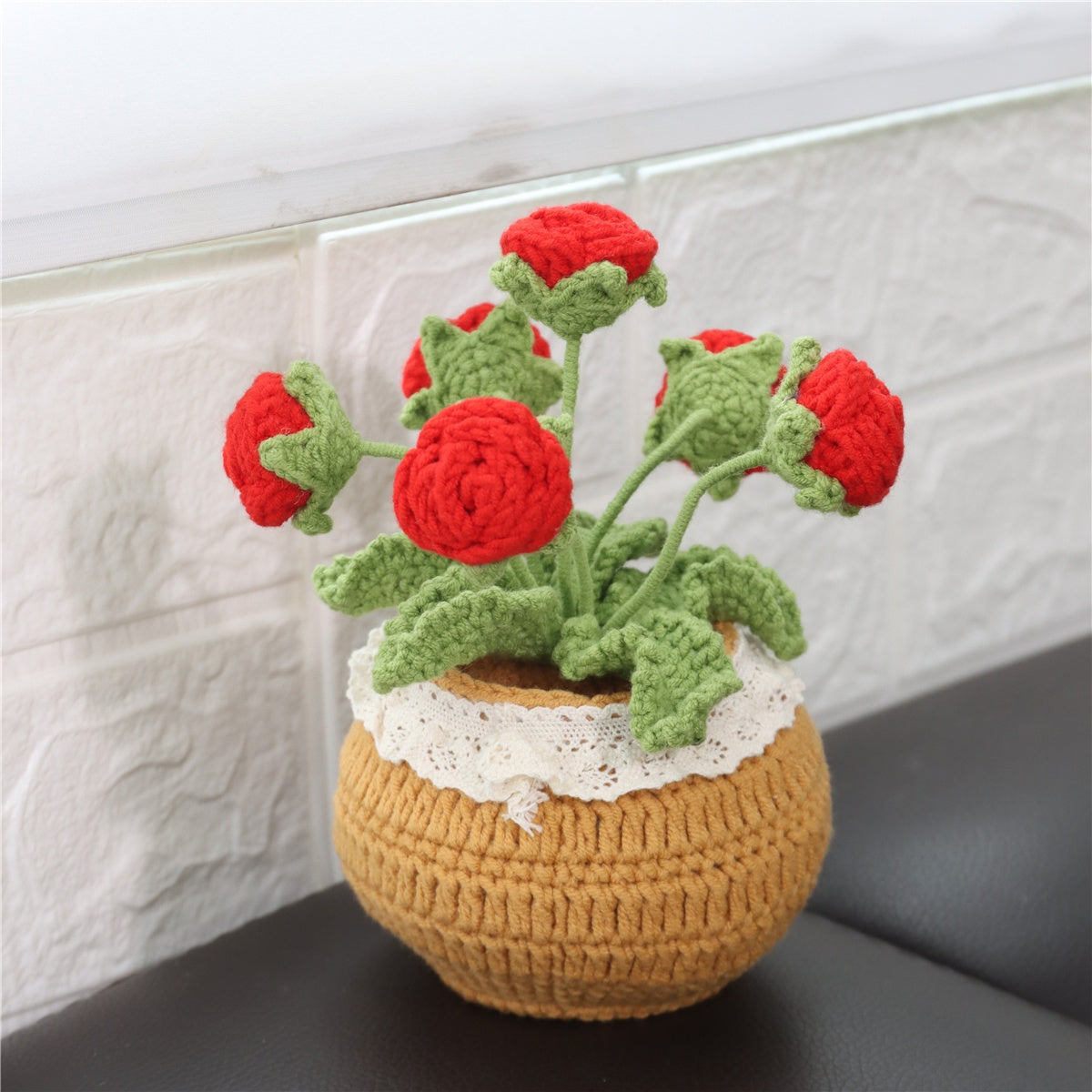 1Crochet Yarn Flower Pot Plant Car Ornament Eternal Flower Yarn Ornament Bonsai Gardening Handmade Crochet Lucky Tulip Yarn Potted Plant Artificial Living Room Decoration Father's Day Mother's Day Graduation Season Halloween Christmas Decoration Artificia