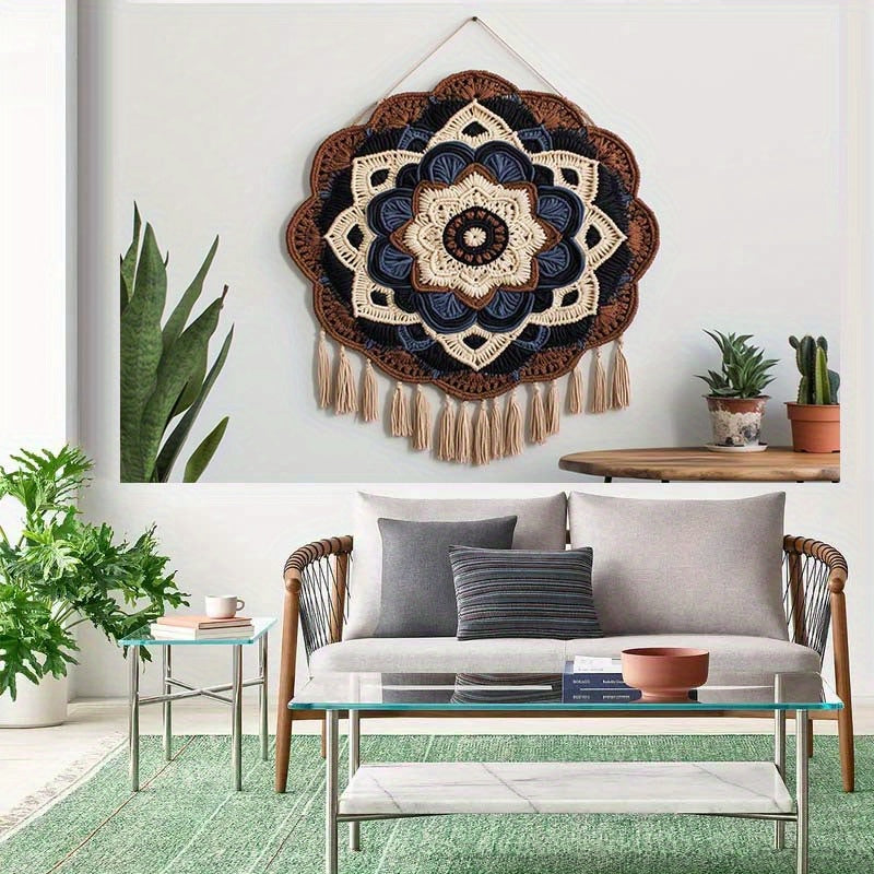 1Bohemian Mandala Wall Hanging Canvas - The Art of Complex Crochet,Designed with tassels,Plant Decoration Theme for Living Room and Outdoor Celebrations,Suitable for Party,2D Banner