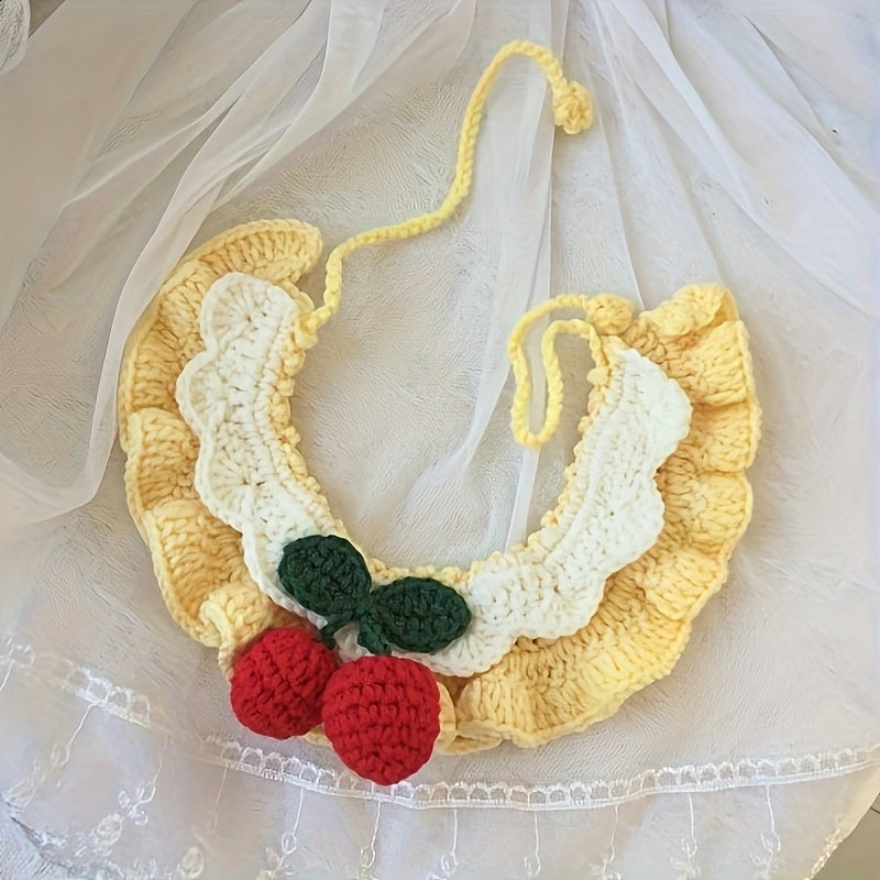 Handmade Cute Crochet Cat and Dog Scarf,Comes with a pink bow tie、Rabbit ears and cherry embellishments – Lightweight、Fashion、Suitable for All Seasons – Suitable for small to large pets