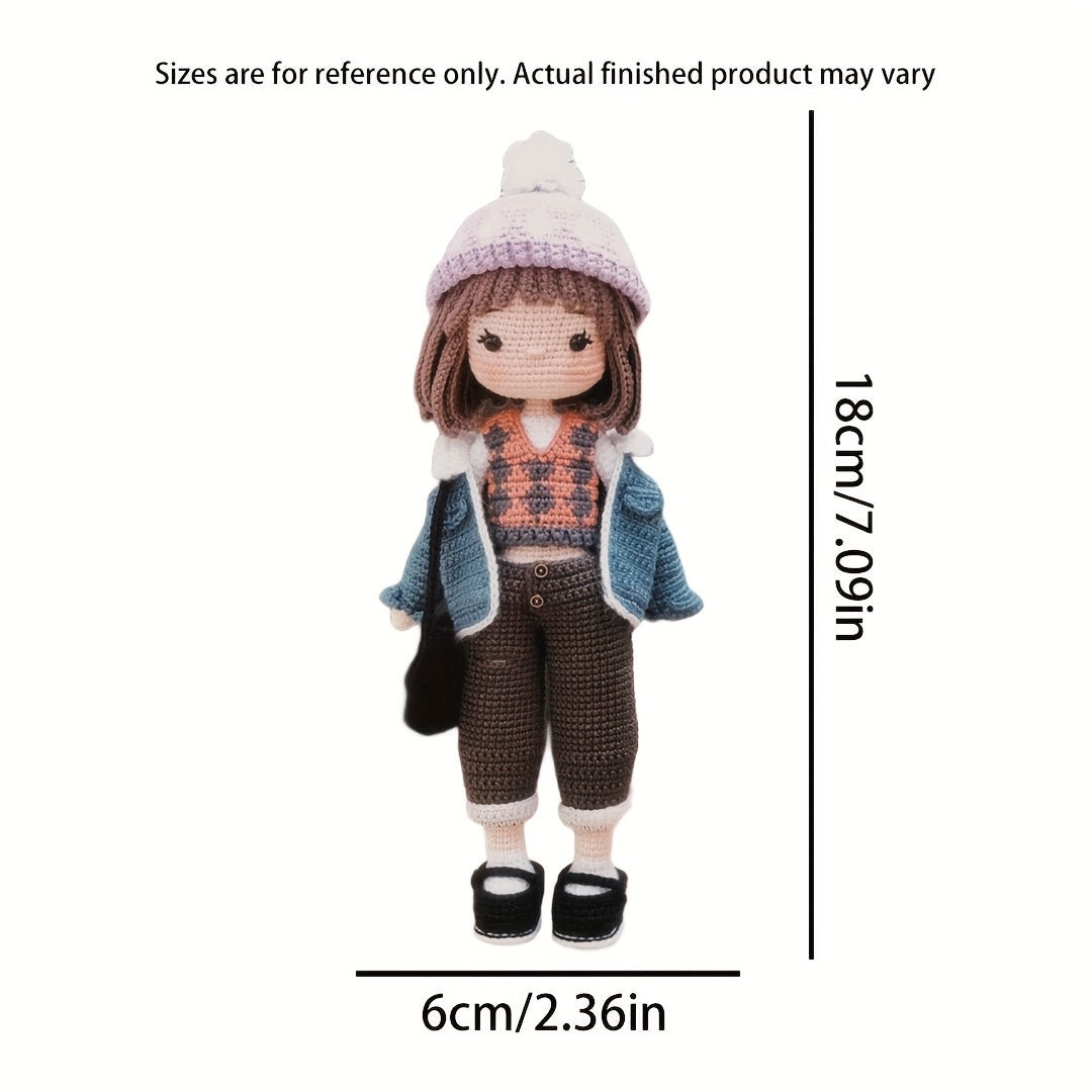 7pcs Crochet Kit for Beginners - Cool Girl in Denim Jacket, Cute Character Crochet Set with Step-by-Step Video Tutorial, Ideal for Backpack Charms, Home Decor, Mother'S Day & Valentine'S Gift, Wedding Display!